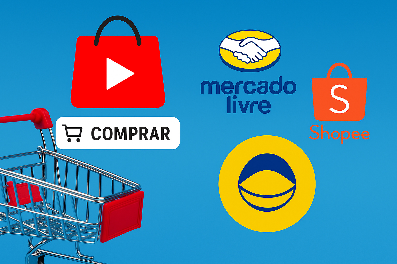 Logos do YouTube Shopping, Mercado Livre e Shopee com carrinho de compras representando a chegada do programa ao Brasil