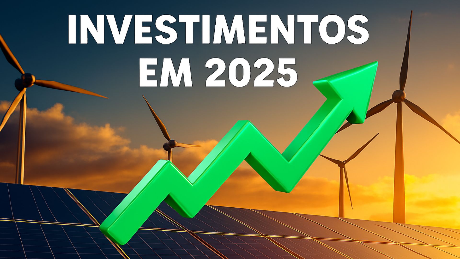 Painéis solares e turbinas eólicas ao pôr do sol com a frase “Investimentos em 2025” e uma seta verde 3D apontando para cima, simbolizando crescimento sustentável.