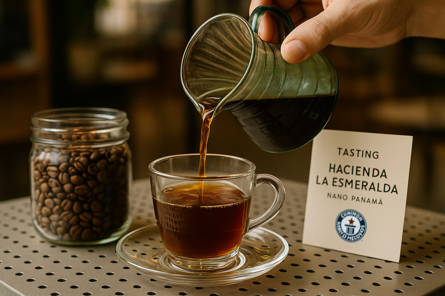 Barista prepara café Geisha em coador V60 em cafeteria de luxo em Dubai, cenário do recorde da xícara mais cara do mundo.