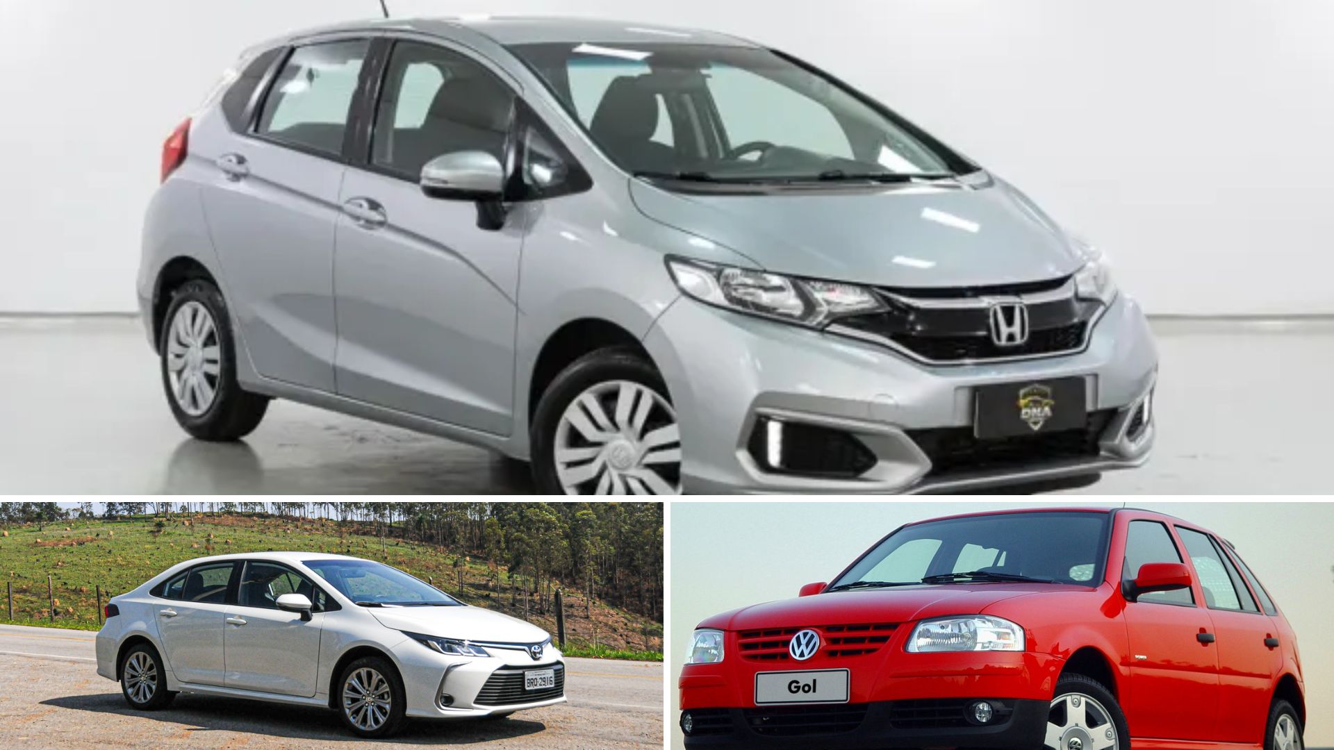 Carros confiáveis do Brasil alinhados em estrada ao pôr do sol, incluindo Honda Fit, Corolla, Strada, HB20 e Gol.