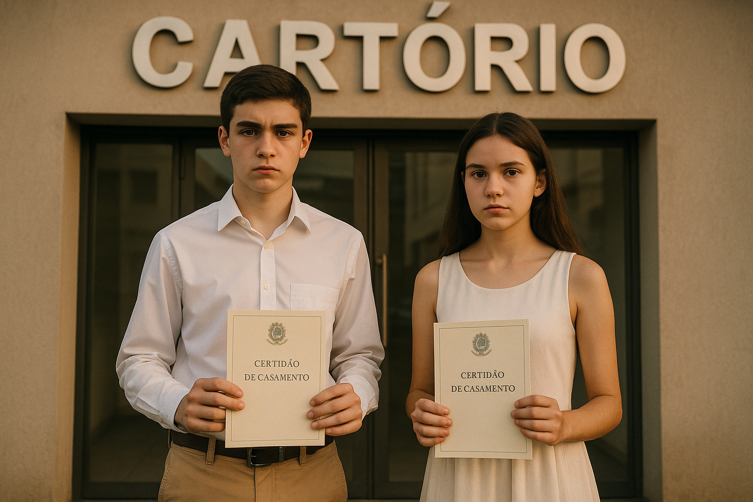 Jovens de 15 e 16 anos segurando certidão de casamento em frente a um cartório, representando a polêmica sobre o casamento infantil no Brasil.