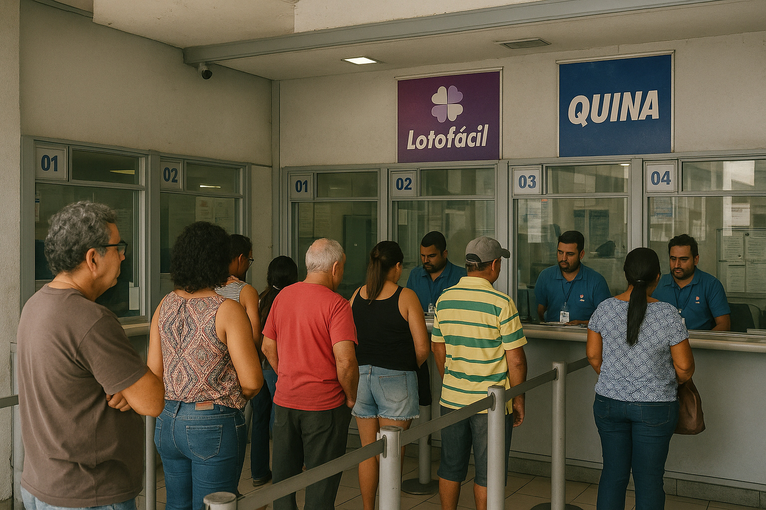 Casa lotérica brasileira com filas e atendentes atrás de vidro blindado.