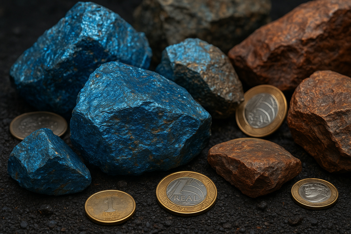 Minério de cobalto com brilho azul metálico ao lado de moedas brasileiras, simbolizando o papel do Brasil no mercado global dominado por China e Congo.