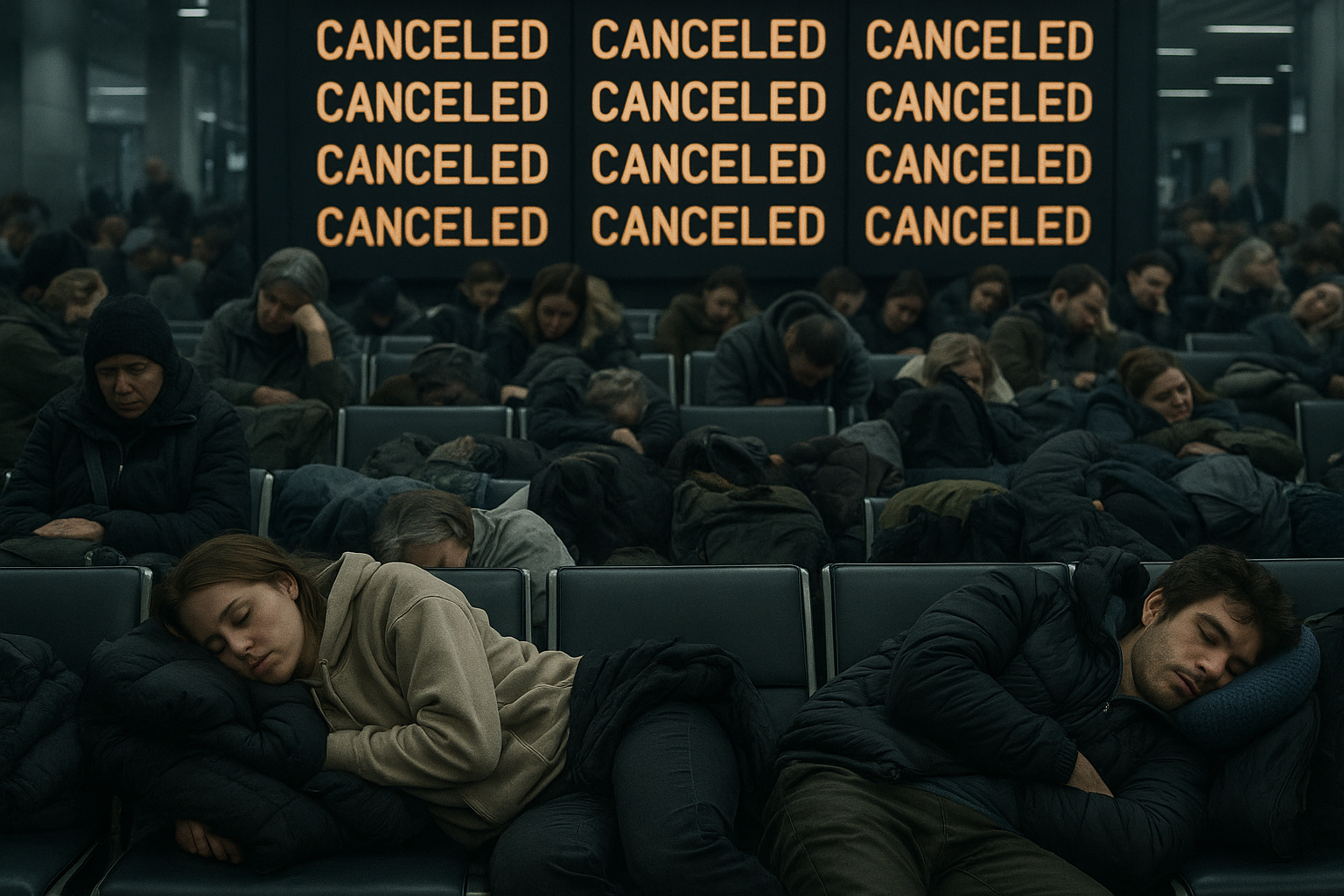 Passageiros dormindo em aeroporto após cancelamento de voos em série na crise da aviação de 2025.