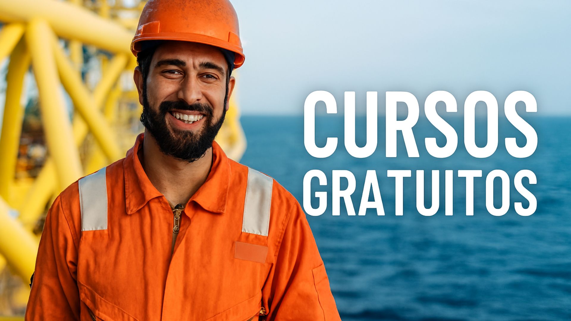 Trabalhador offshore sorridente usando uniforme laranja e capacete de segurança, com a frase “cursos gratuitos” ao lado, em uma plataforma marítima com o oceano ao fundo.
