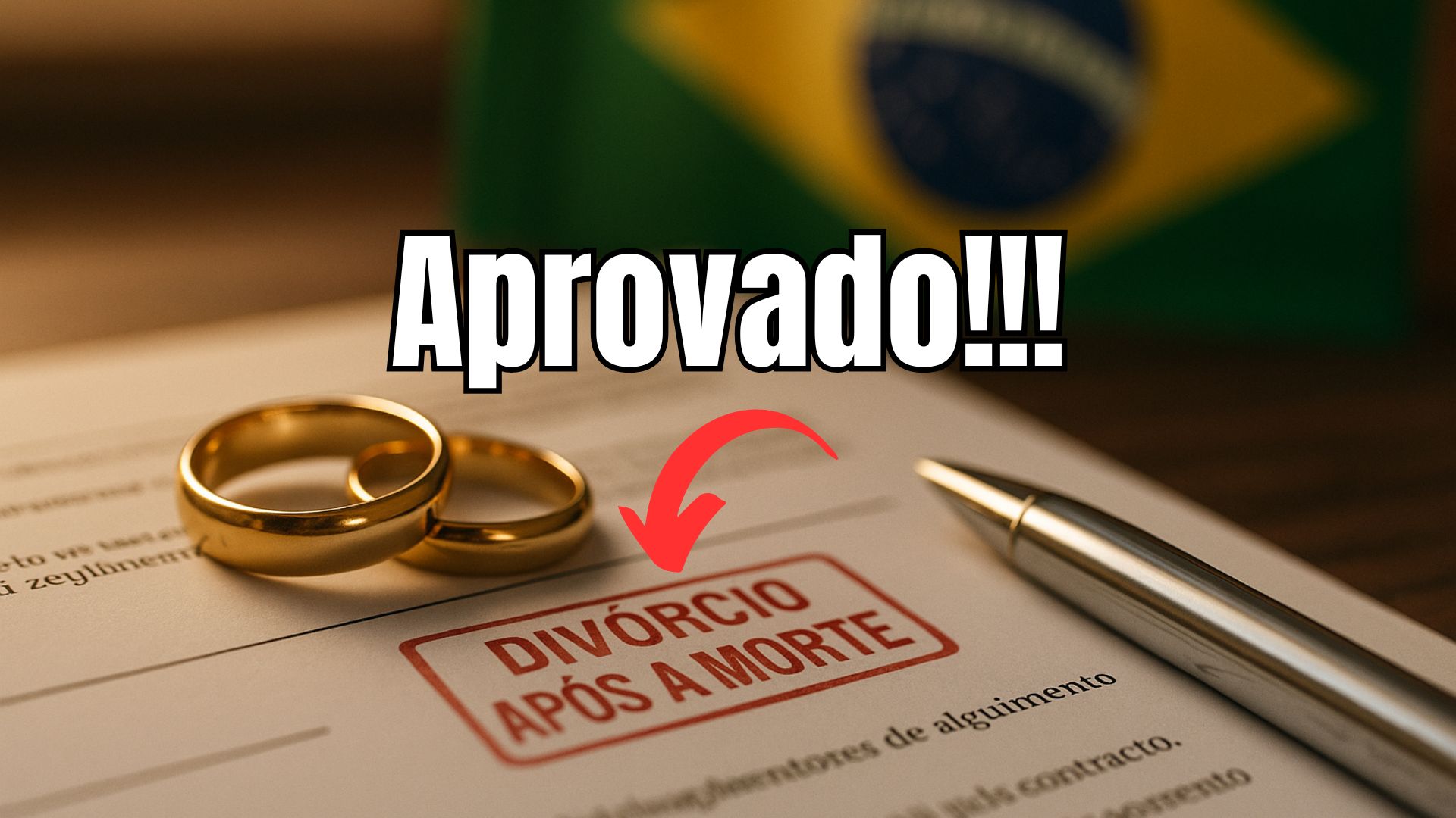 Duas alianças sobre um documento de divórcio ao lado de uma caneta e da bandeira do Brasil ao fundo.
