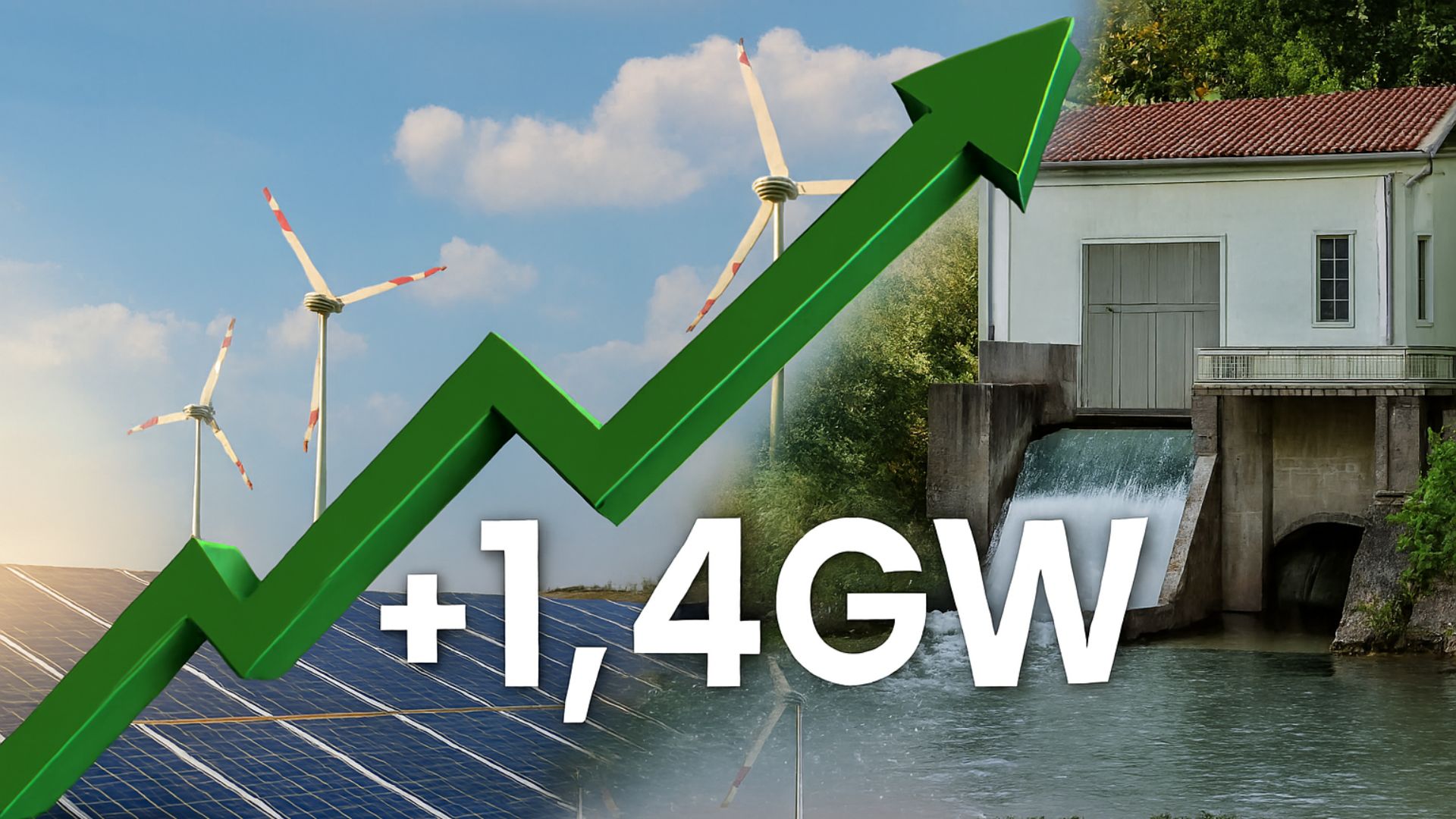 Painéis solares enfileirados, torres eólicas ao fundo e uma pequena central hidrelétrica com água fluindo, sobrepostos por uma seta verde em 3D apontando para cima com o texto "+1,4GW", representando o crescimento da energia renovável no Brasil.