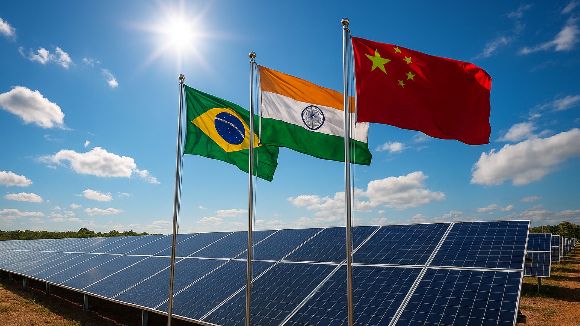 Usina solar realista com bandeiras do Brasil, Índia e China ao lado de painéis solares sob céu azul com nuvens.