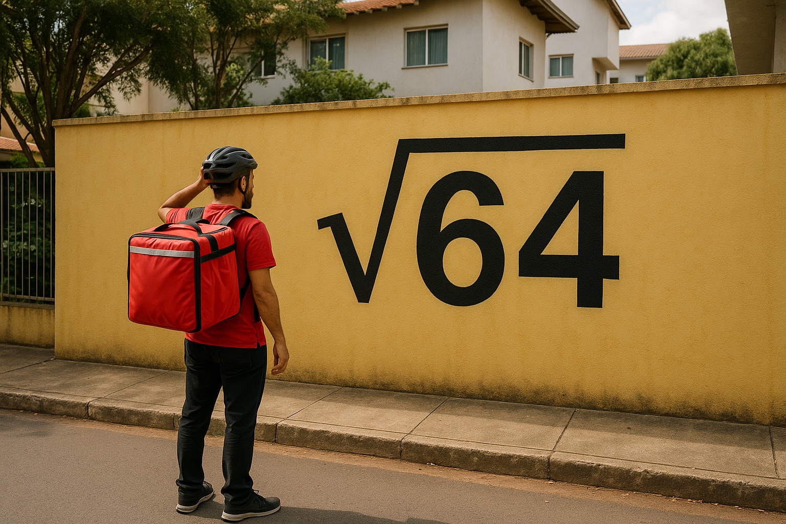 Entregador em frente a residência em Brasília com endereço escrito como √64.