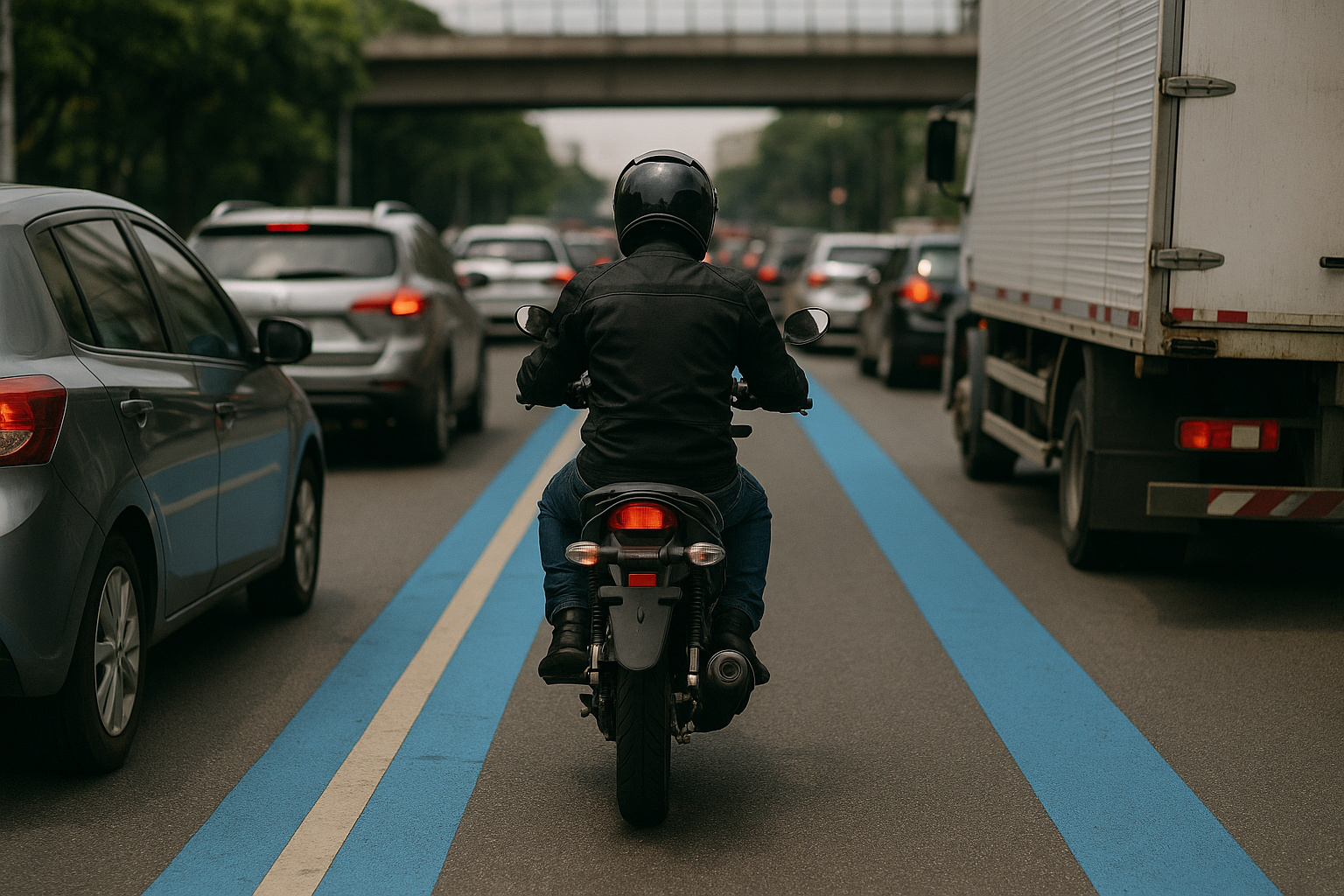 Faixa azul para motos em avenida de Fortaleza durante teste do projeto de segurança viária.