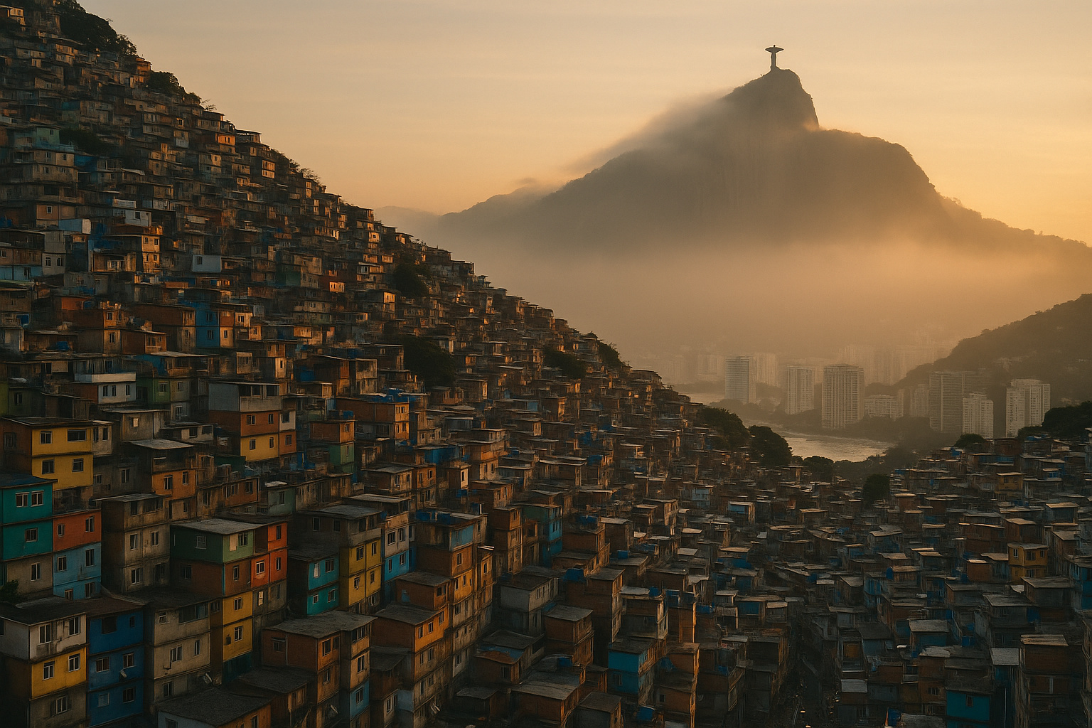 Contraste entre favelas e bairros de luxo no Rio de Janeiro, destacando a Rocinha e o Leblon ao pôr do sol.