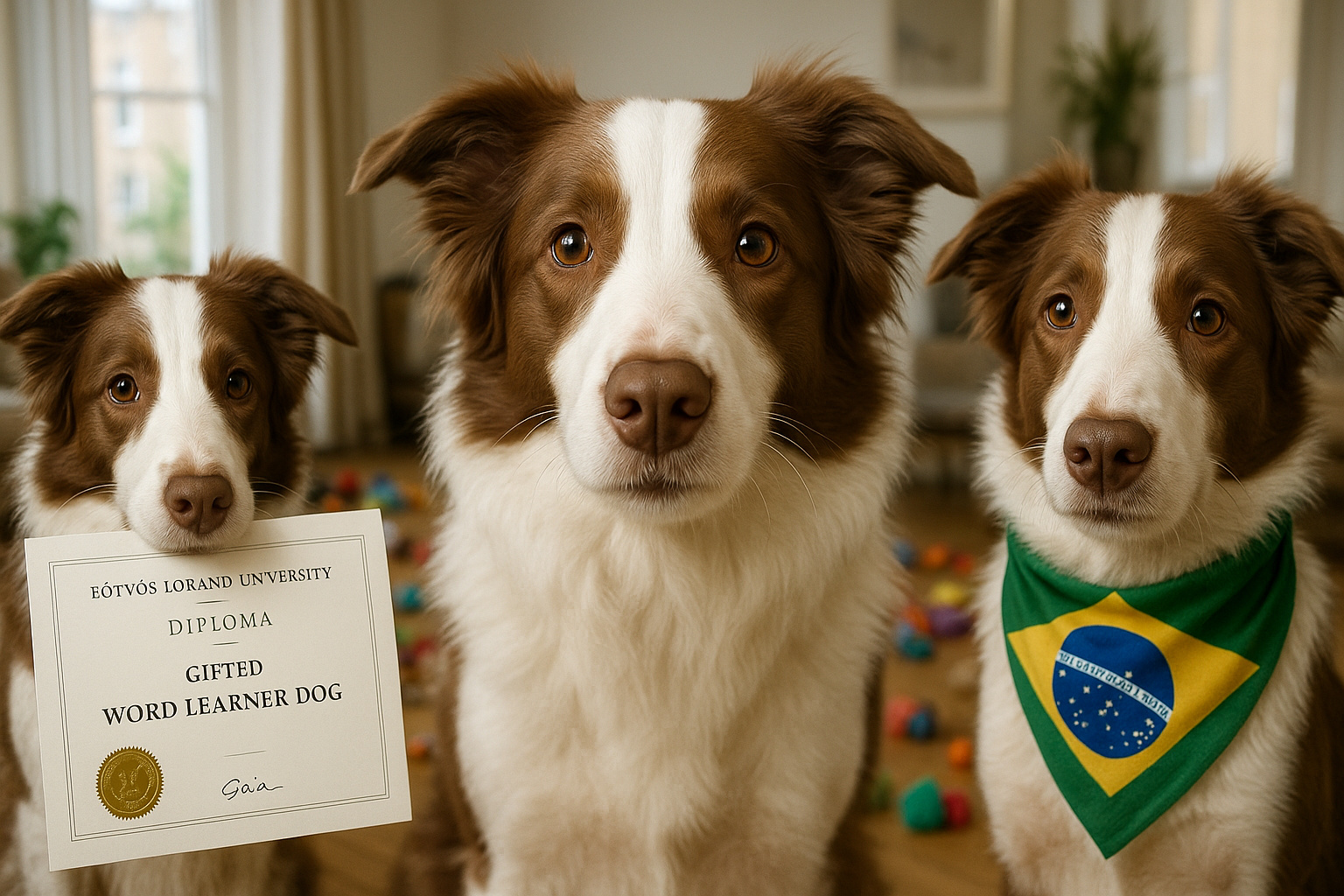 Border collie brasileira Gaia exibe certificado de cão superdotado ao lado de brinquedos e usa bandana do Brasil, em montagem realista.