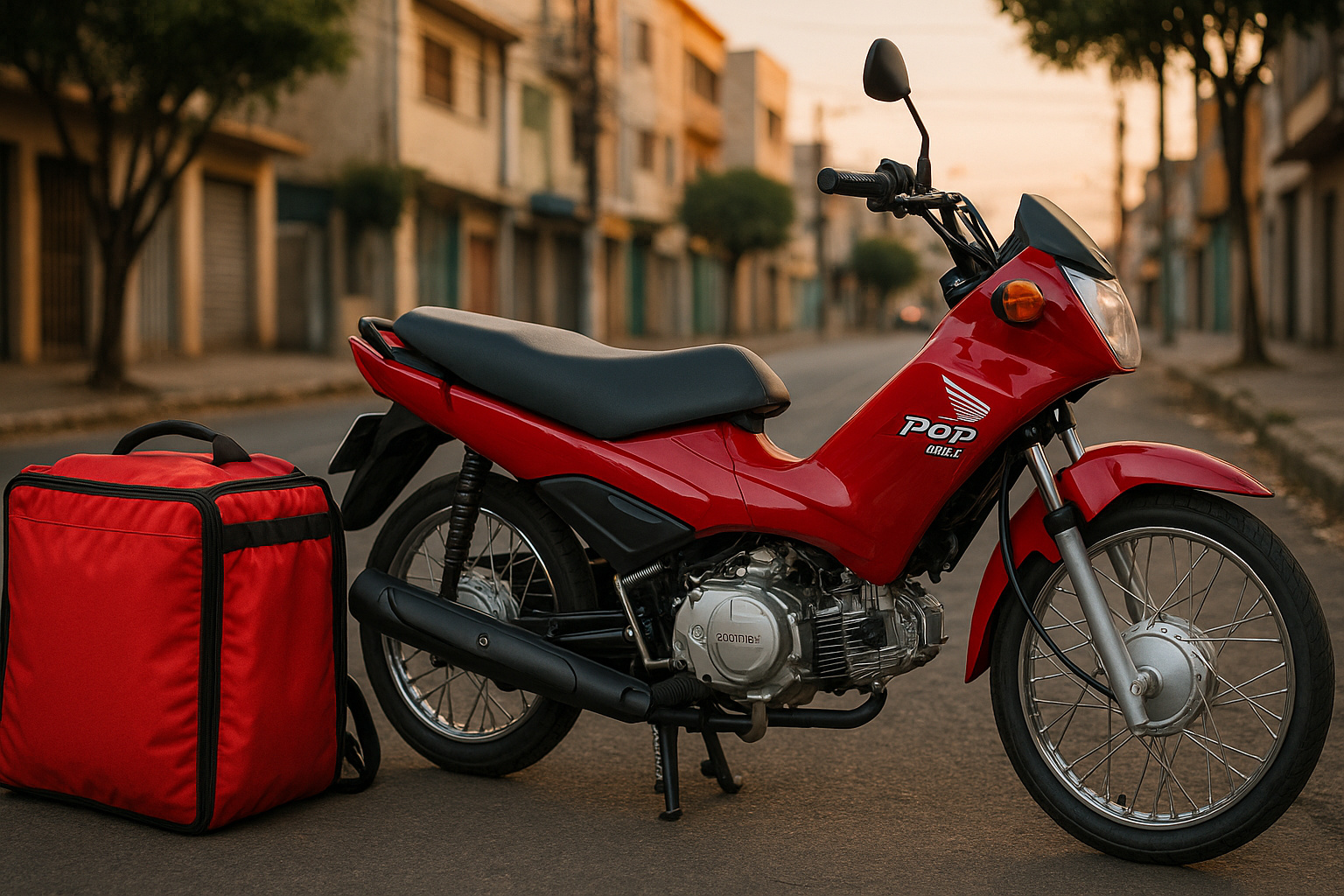 Moto Honda Pop 110i vermelha usada por entregadores de delivery em cenário urbano.
