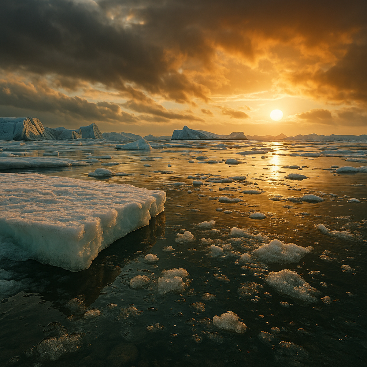 Gelo derretendo sob o pôr do sol no Ártico simboliza o avanço do aquecimento global