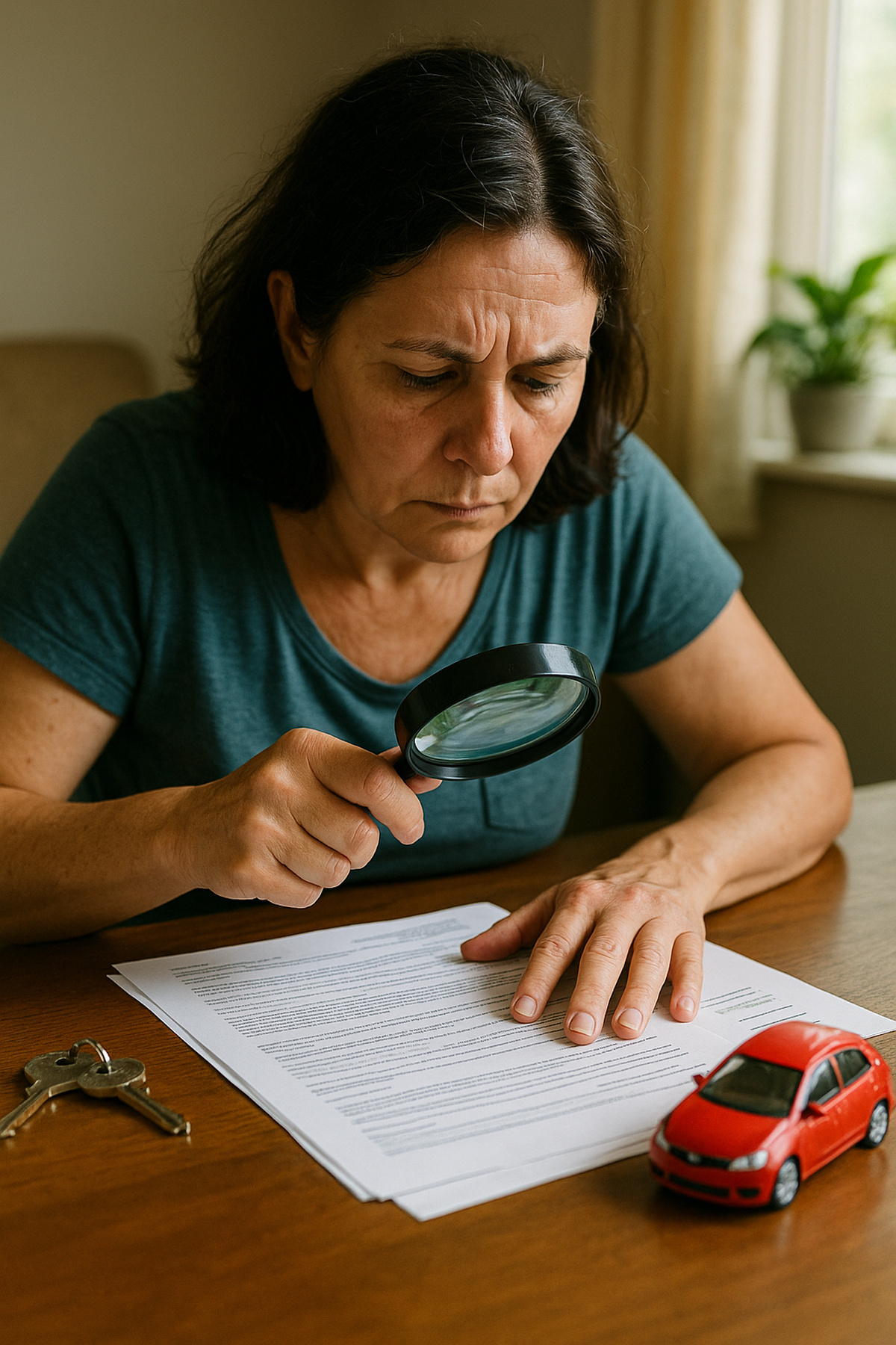 Mulher analisa documentos com uma lupa ao lado de um carro em miniatura e chaves sobre a mesa, simbolizando a análise do INSS sobre o BPC/LOAS.