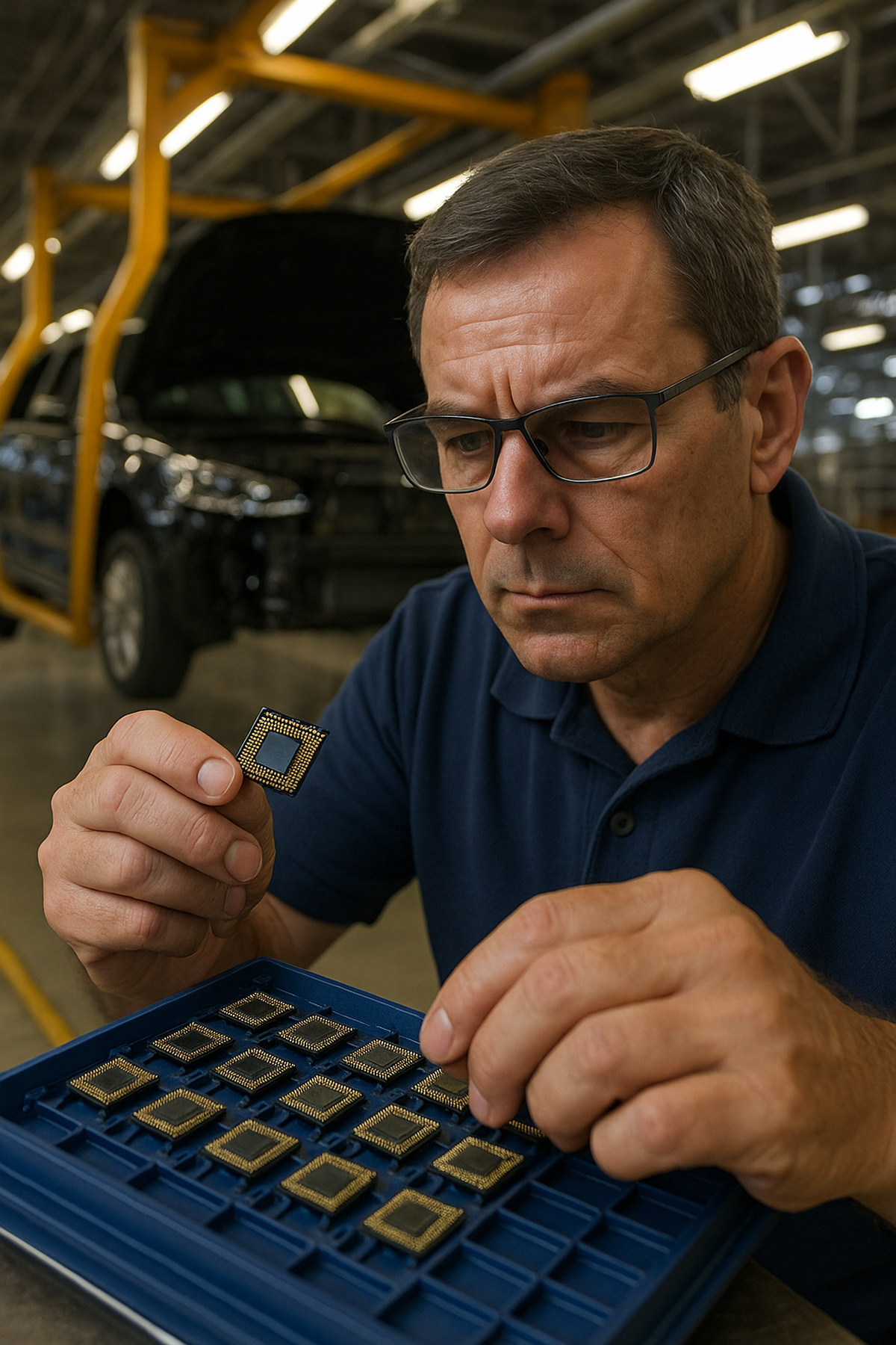 Trabalhador analisa chip semicondutor em linha de montagem automotiva brasileira durante crise de fornecimento.