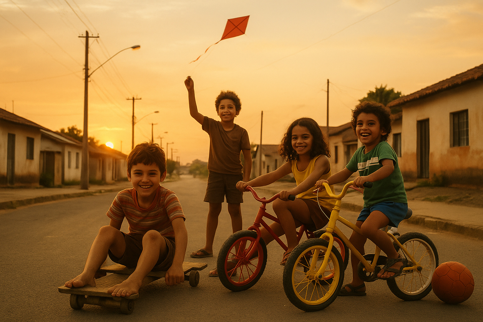 Crianças brincando na rua com carrinho de rolimã e pipa nos anos 80, representando a infância brasileira livre, feliz e inesquecível.