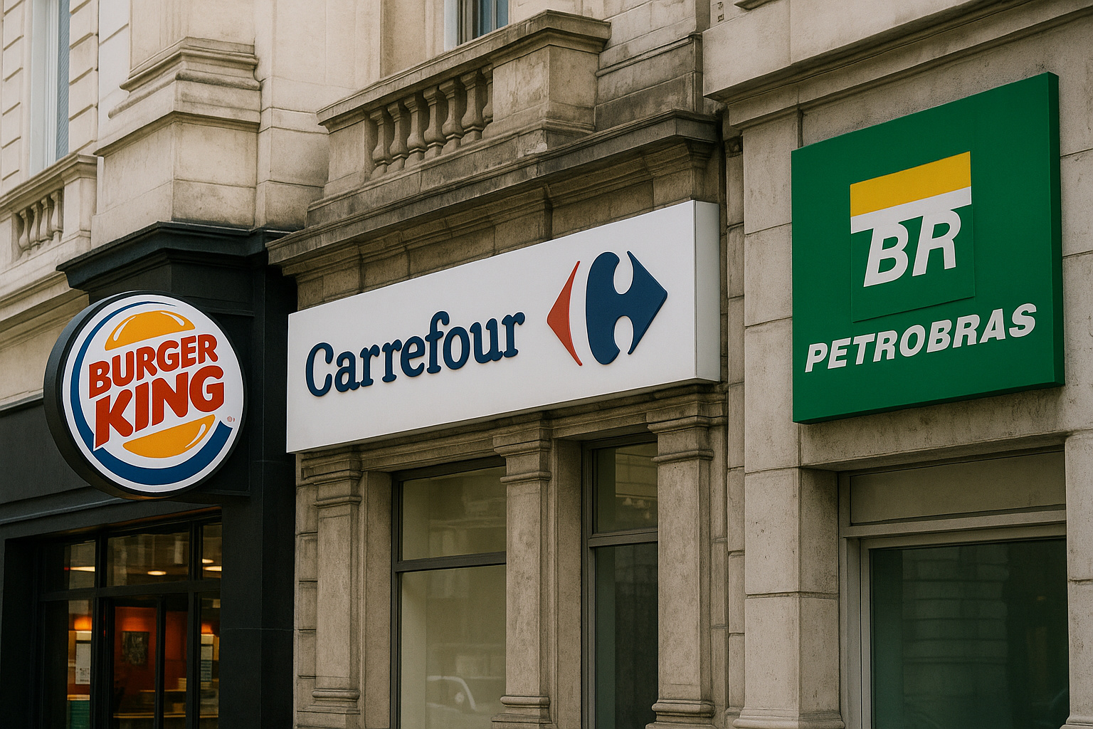 Fachadas do Burger King, Carrefour e Petrobras em Buenos Aires representam a saída de multinacionais da Argentina devido à crise e inflação alta.