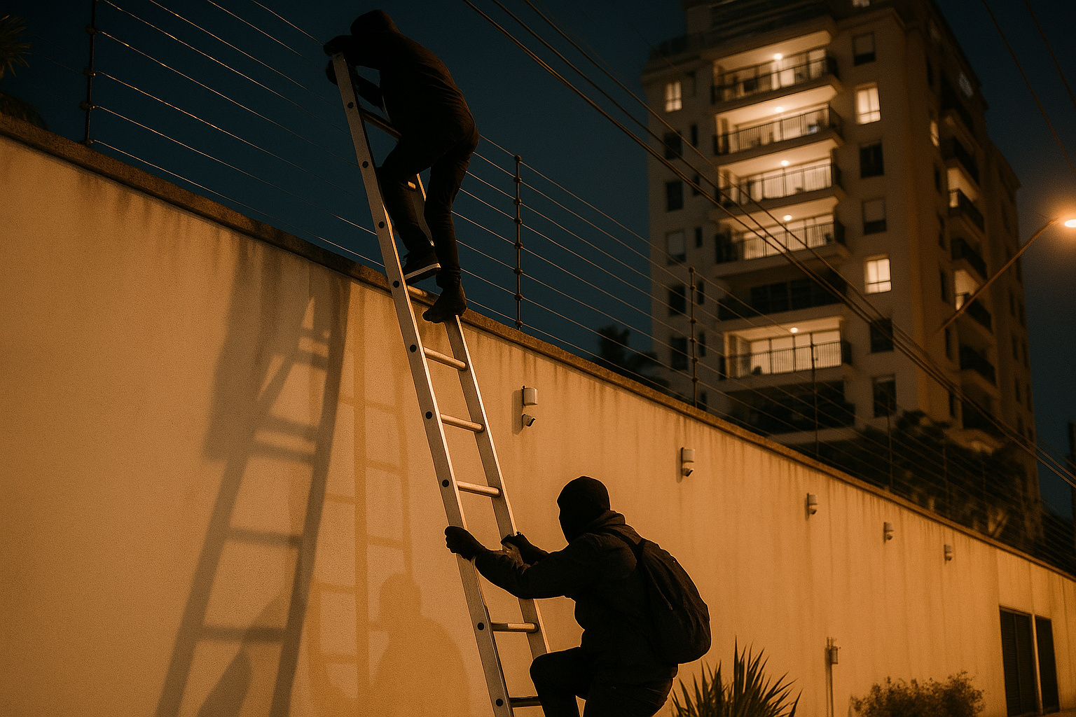 criminosos escalam muro de 6 metros com escada em condomínio de luxo de São Paulo