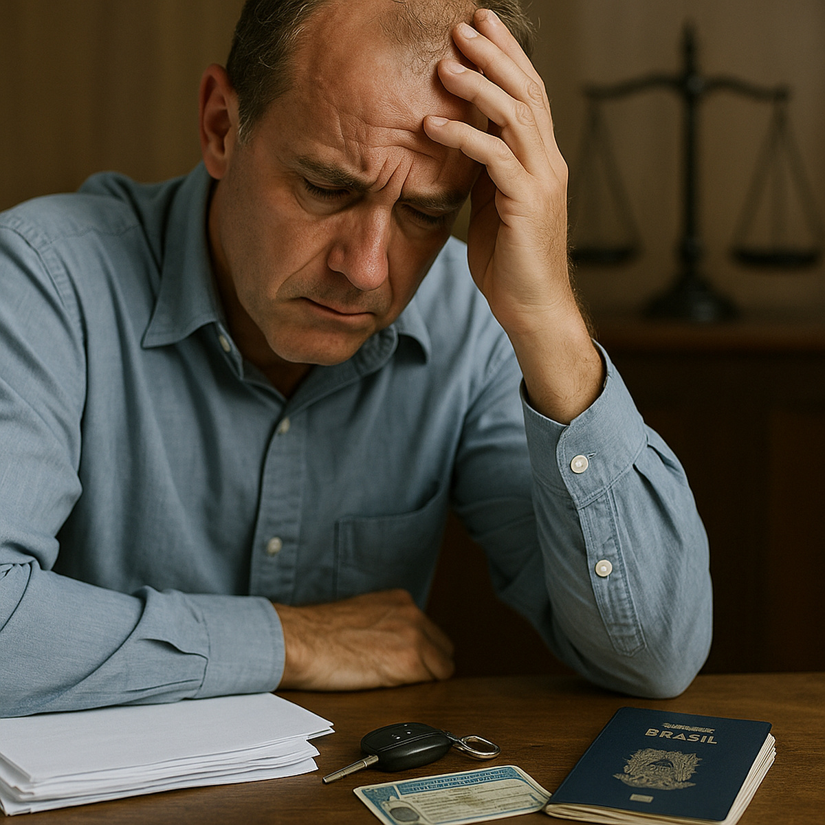 Empresário brasileiro preocupado ao lado de passaporte, CNH e chaves, simbolizando bloqueios e sanções aplicadas pela Justiça do Trabalho.