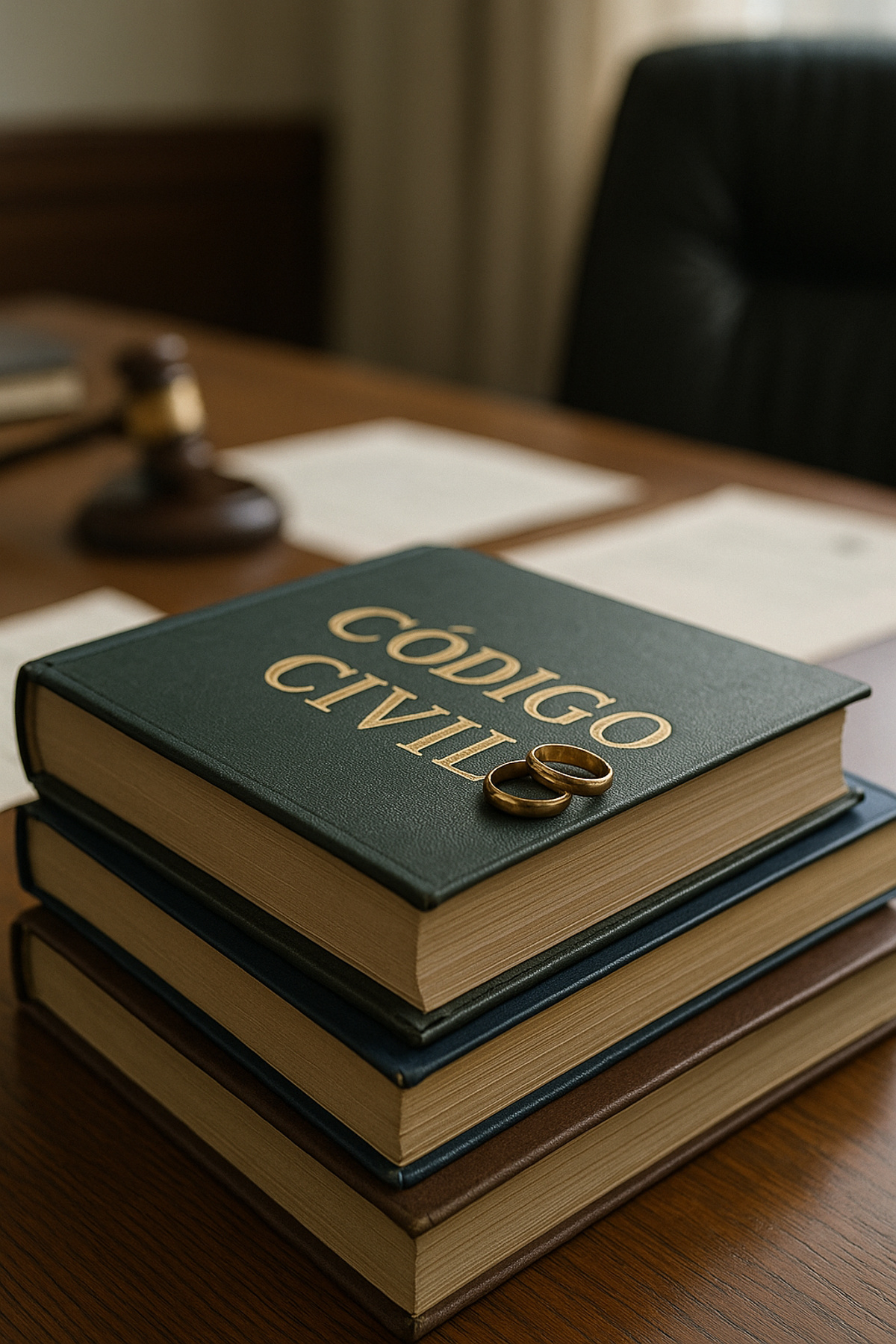 Livros do Código Civil empilhados sobre mesa de madeira com alianças douradas no topo, simbolizando o novo projeto de lei sobre divórcio após a morte no Brasil.