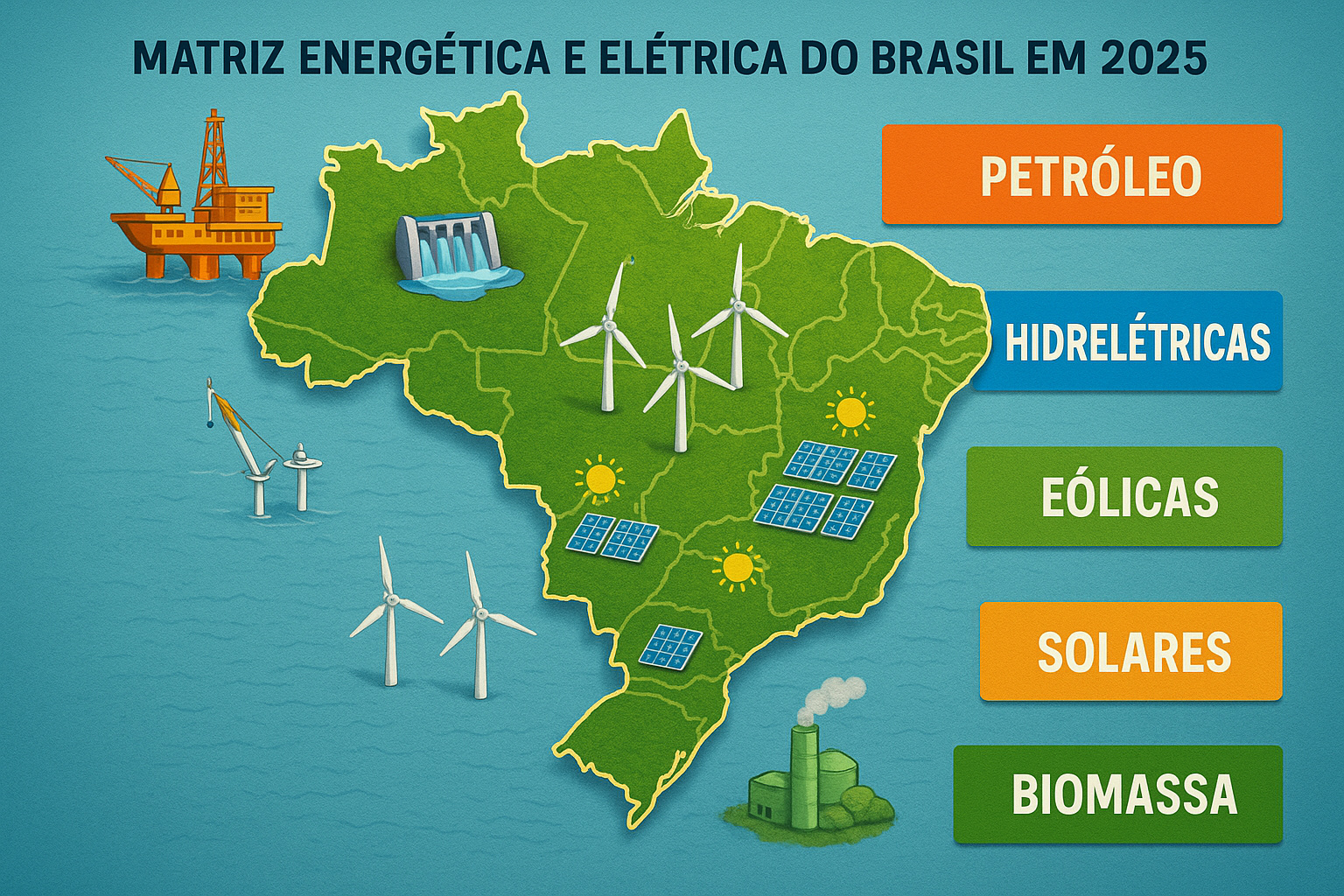 Mapa da matriz energética e elétrica brasileira em 2025 com petróleo, hidrelétricas, eólicas, solares e biomassa.