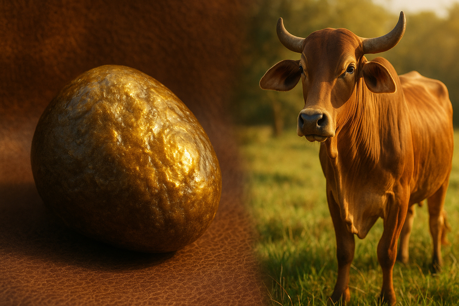 Pedra biliar bovina valorizada, conhecida como ouro bovino, sobre fundo rústico, representando o alto valor do produto no mercado internacional.