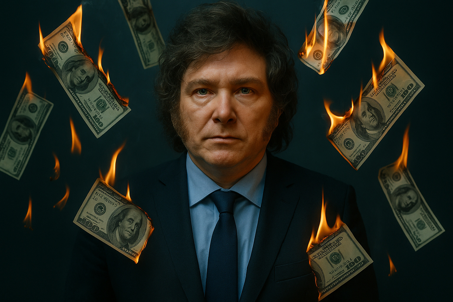 Crise econômica na Argentina com cédulas de pesos e bandeira nacional ao fundo.