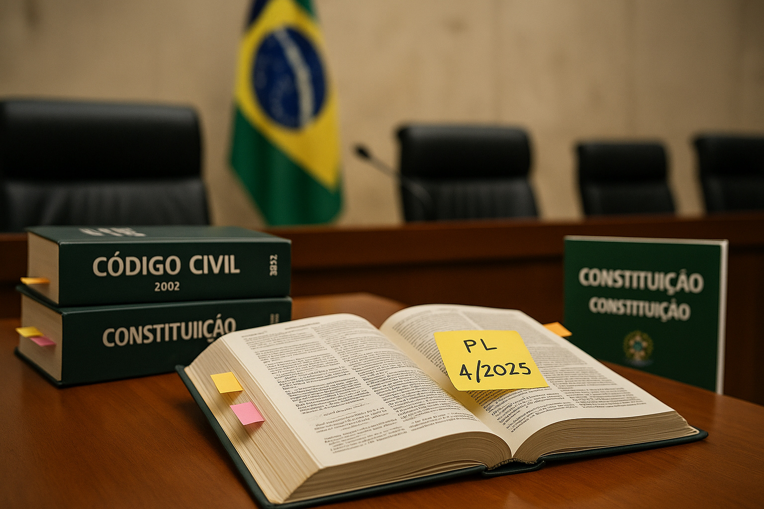 Código Civil de 2002 aberto com marcador “PL 4/2025” em mesa de plenário jurídico.