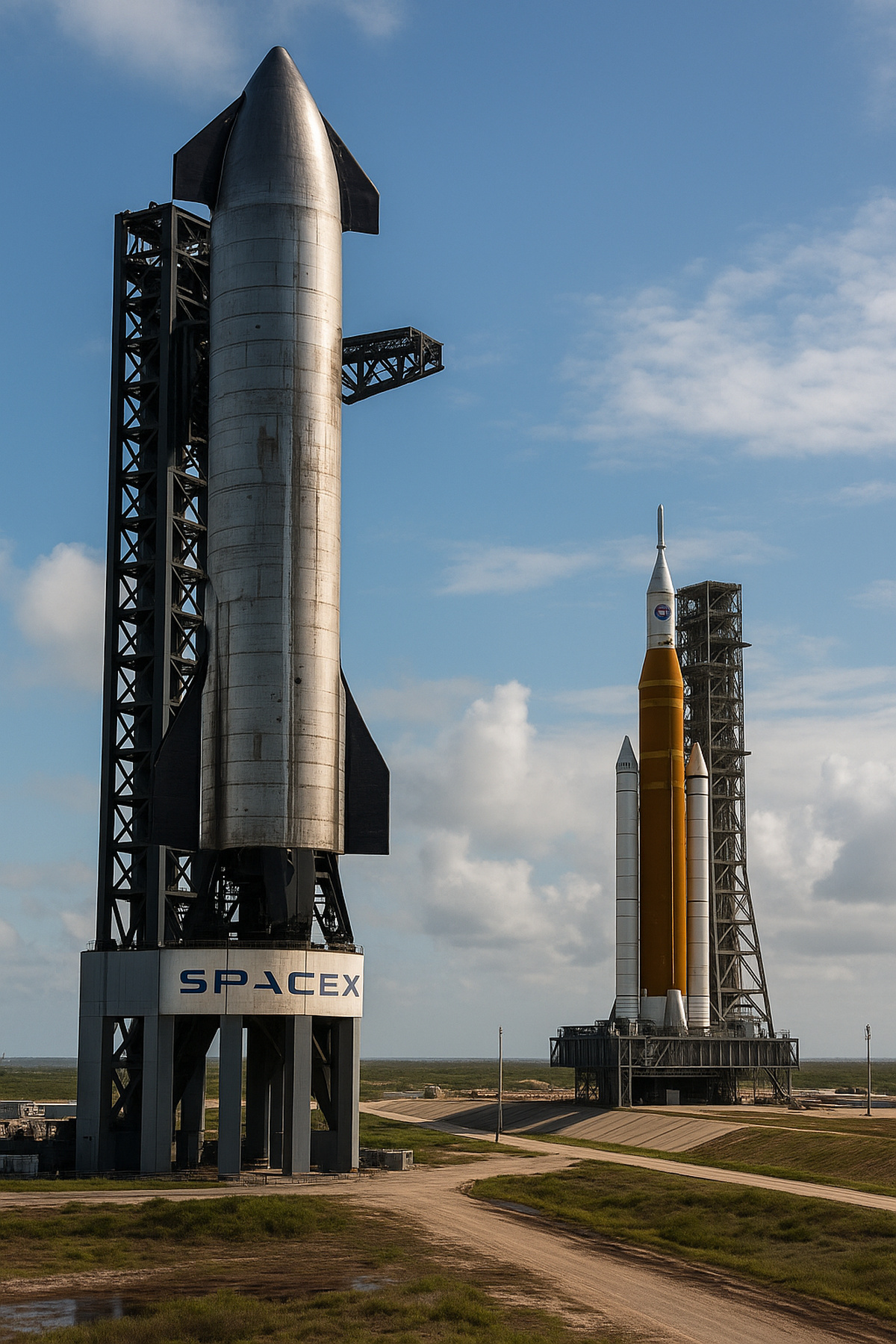 Foguetes da Nasa e SpaceX lado a lado em bases de lançamento, simbolizando a corrida lunar e os atrasos da SpaceX diante da pressão americana.
