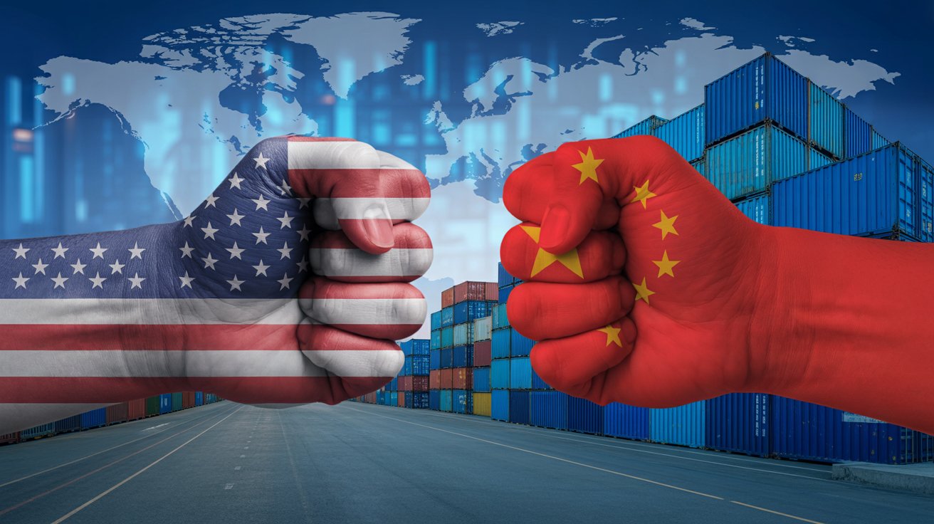 Donald Trump diante da bandeira dos EUA em discurso sobre rompimento de negócios com a China.