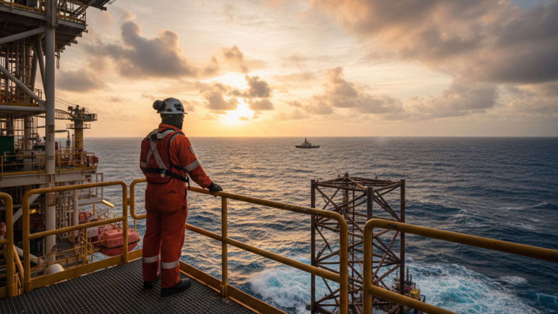 Trabalhador offshore em traje de segurança observa o mar ao pôr do sol, em uma plataforma de petróleo equipada com estruturas metálicas e corrimões amarelos, com uma embarcação ao fundo.