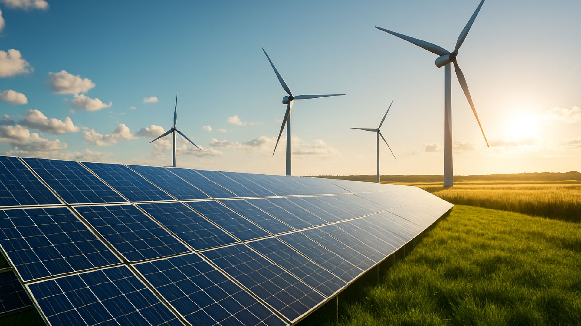 Campo de energia limpa com painéis solares e turbinas eólicas sob céu azul e luz solar intensa