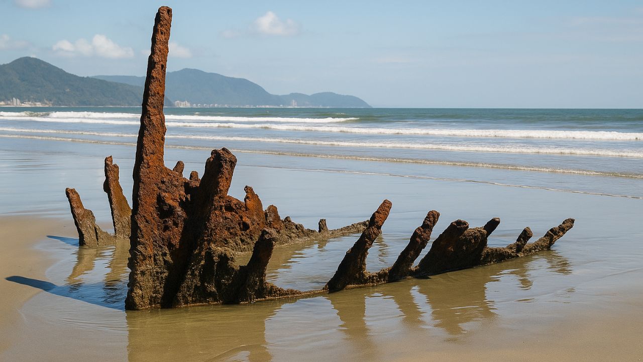 Destroços do navio fantasma Kestrel voltam a emergir na Praia do Embaré, em Santos (SP). O antigo veleiro inglês está encalhado há 130 anos.