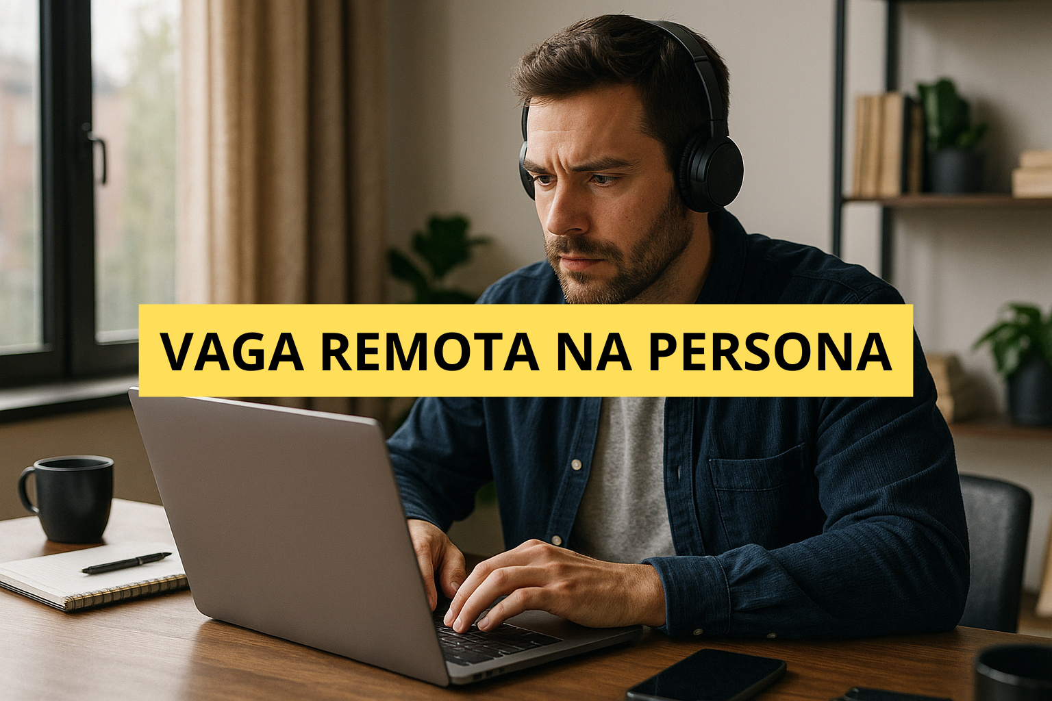 Profissional trabalhando em home office com laptop e fones de ouvido em ambiente organizado, ilustrando vaga remota global da Persona.