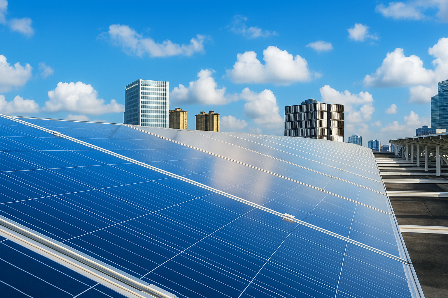 Painéis solares instalados em telhado com céu parcialmente nublado ao fundo