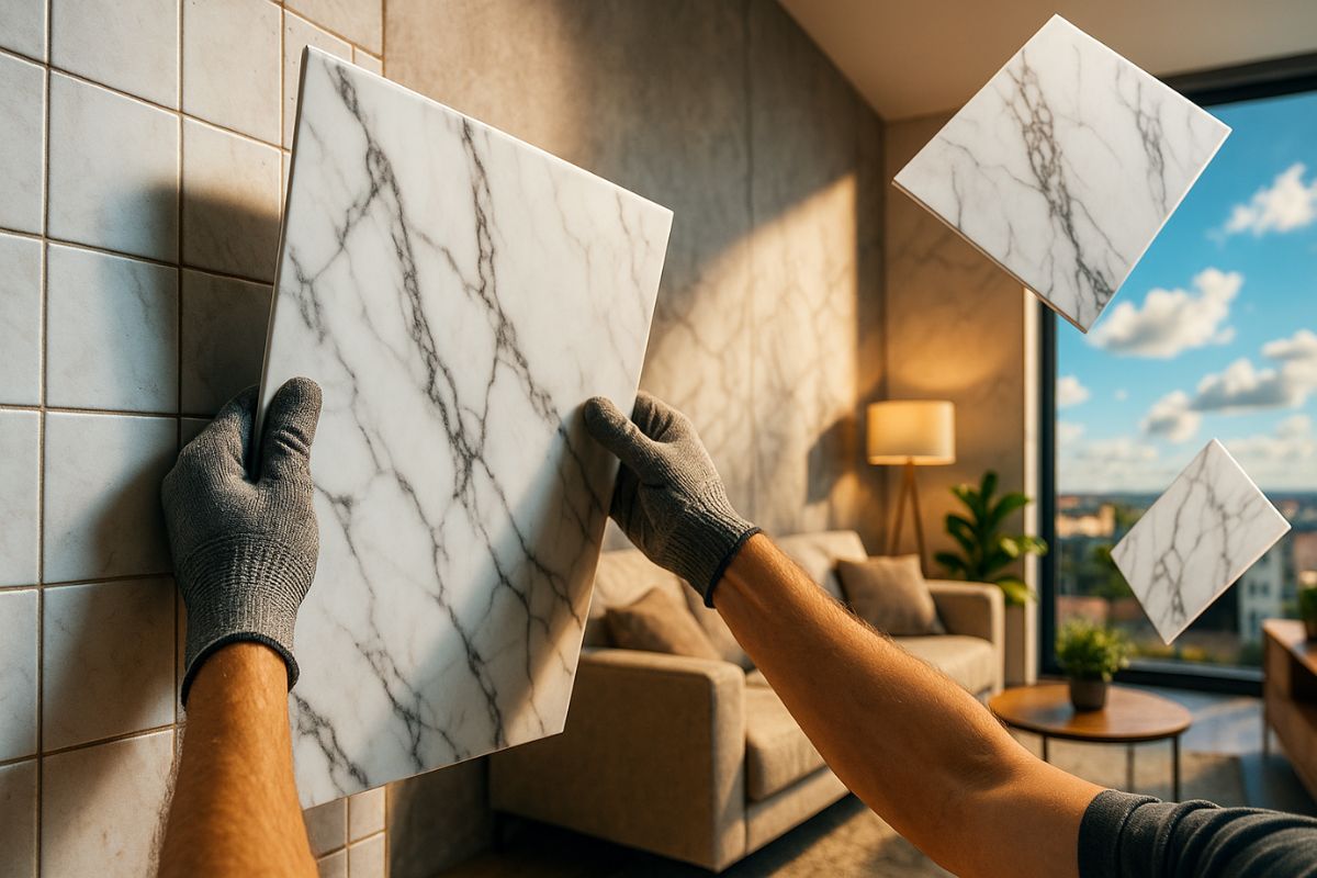 Azulejo virou passado: placas vinílicas que imitam mármore dominam reformas modernas com instalação limpa, custo baixo e visual sofisticado que transforma qualquer ambiente.