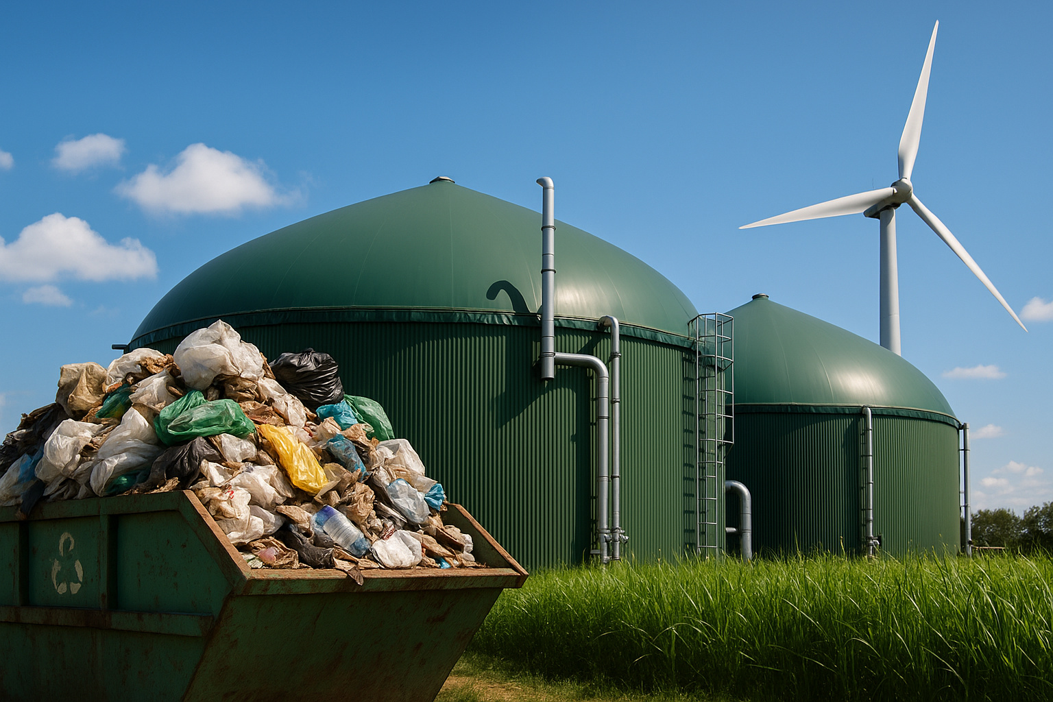 Usina de biometano com tanques verdes ao lado de resíduos sólidos, simbolizando a transformação de lixo em energia limpa no Brasil.