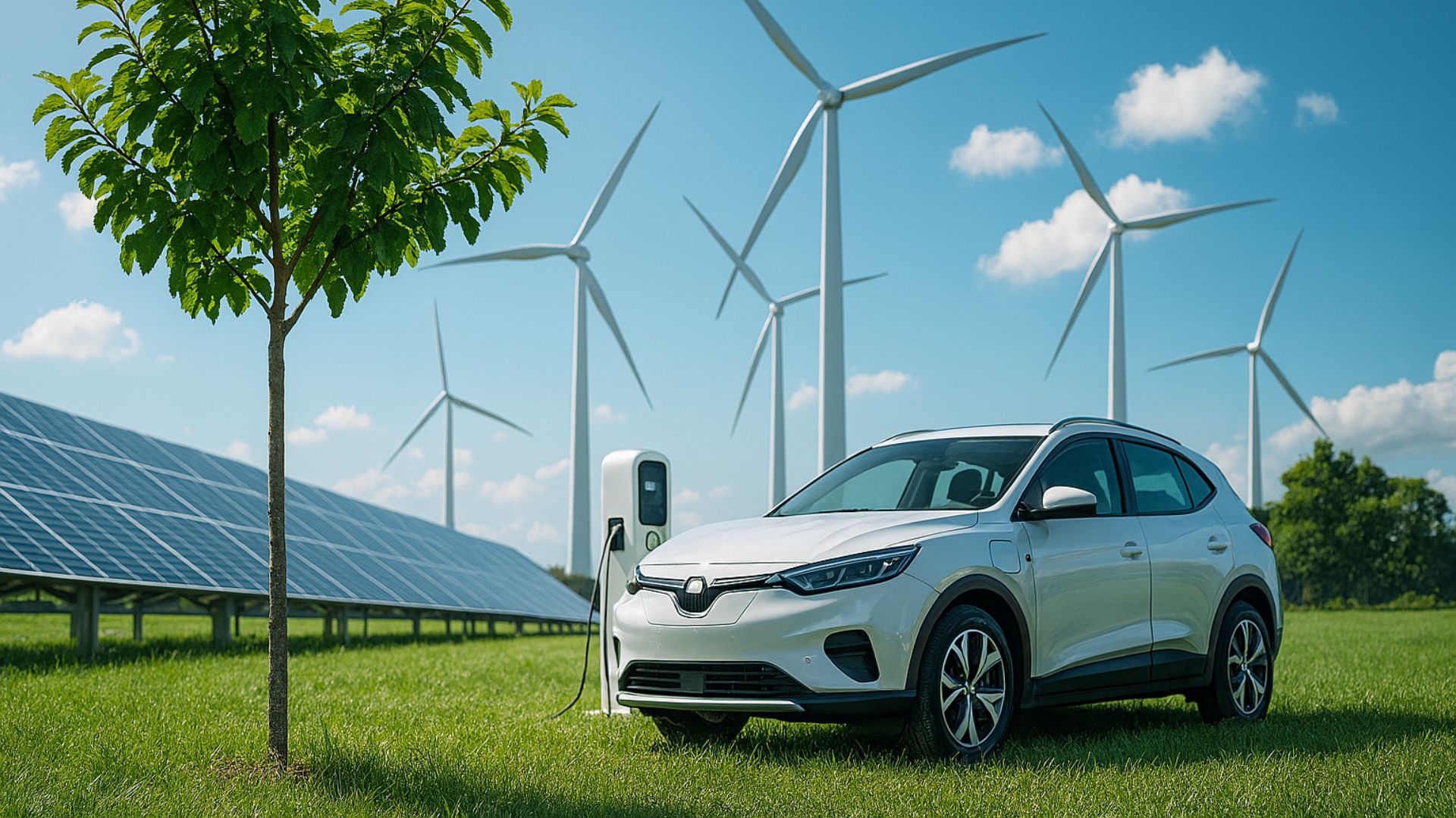 Paisagem sustentável com carro elétrico, turbinas eólicas e painéis solares em campo verde sob céu azul