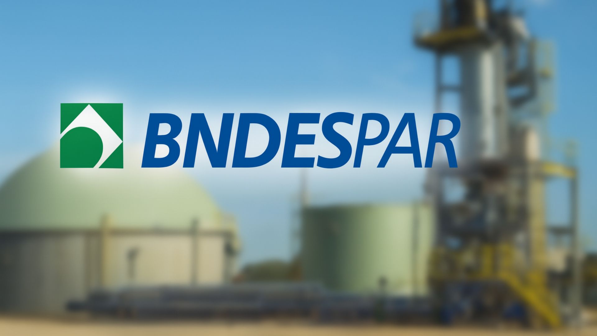 Imagem de uma usina de biometano com o logotipo da BNDESPAR centralizado, representando o investimento da empresa em soluções sustentáveis de energia