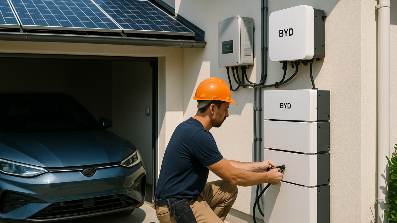 Homem instala bateria de BYD em casa para guardar energia gerada por placas solares e surpreende ao reaproveitar componente com 99% de saúde.