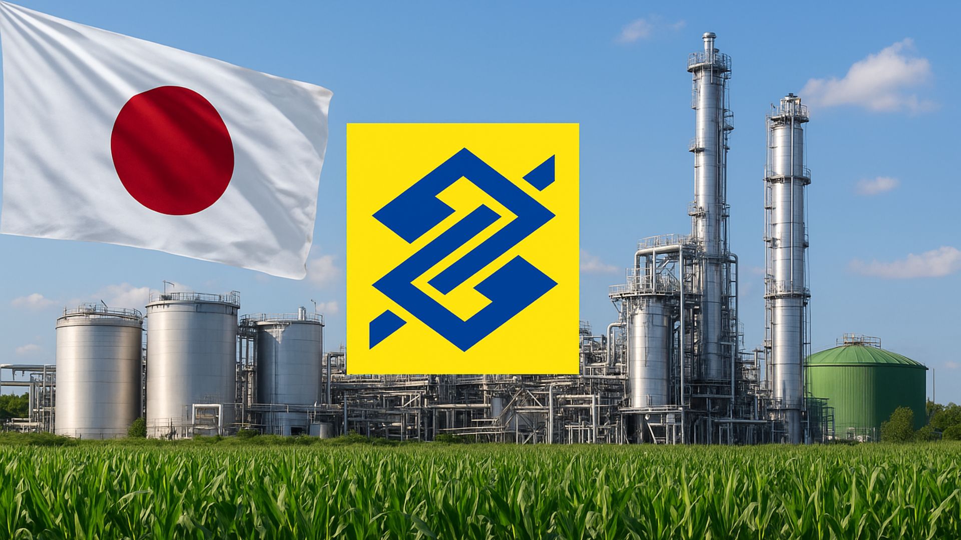 Usina de biocombustíveis com bandeira do Japão ao vento e logotipo do Banco do Brasil ao centro, representando parceria internacional no setor energético