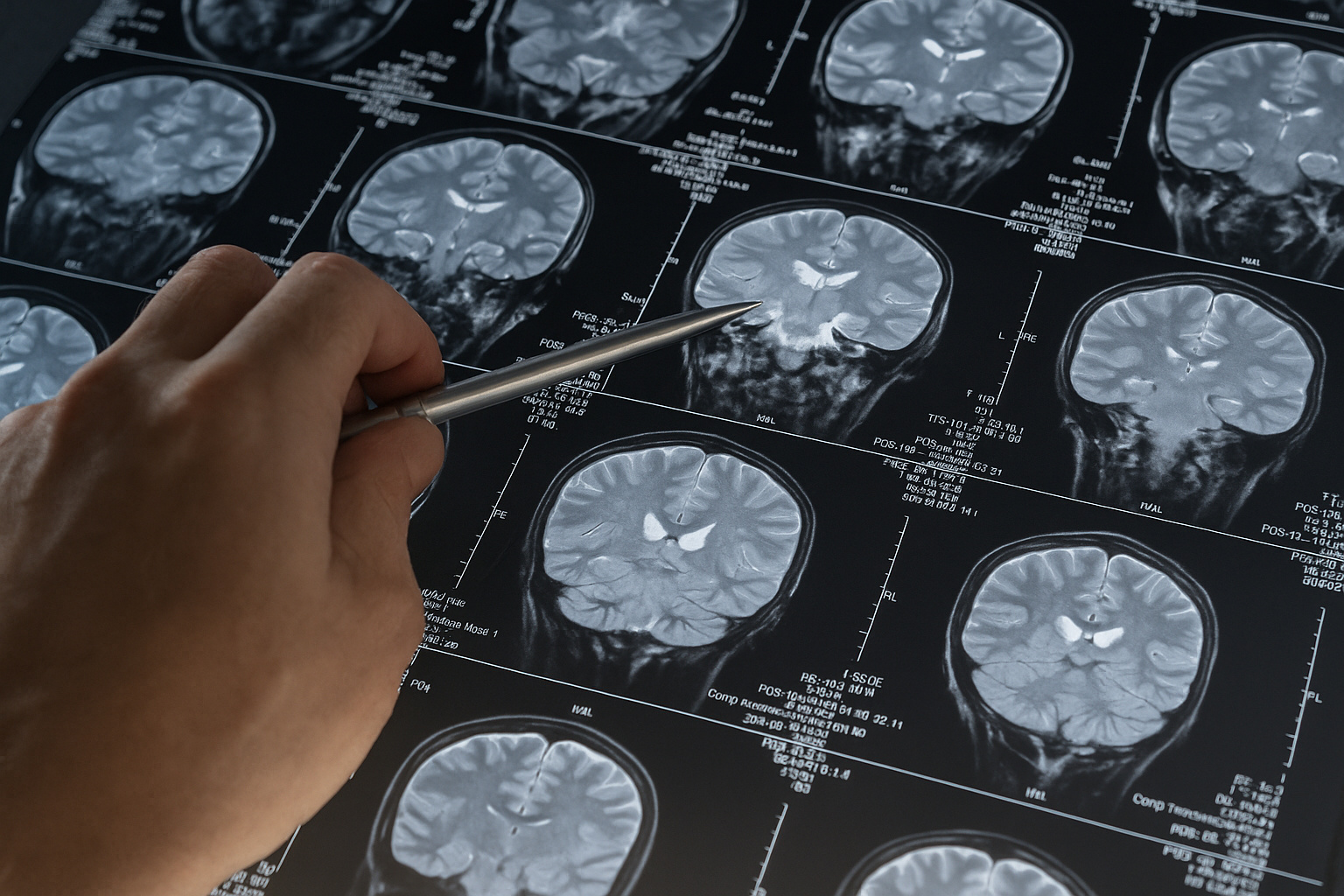 Mão humana segurando uma caneta aponta para imagem de ressonância magnética do cérebro, destacando análise de possíveis alterações neurológicas associadas a traumas e vírus adormecidos.