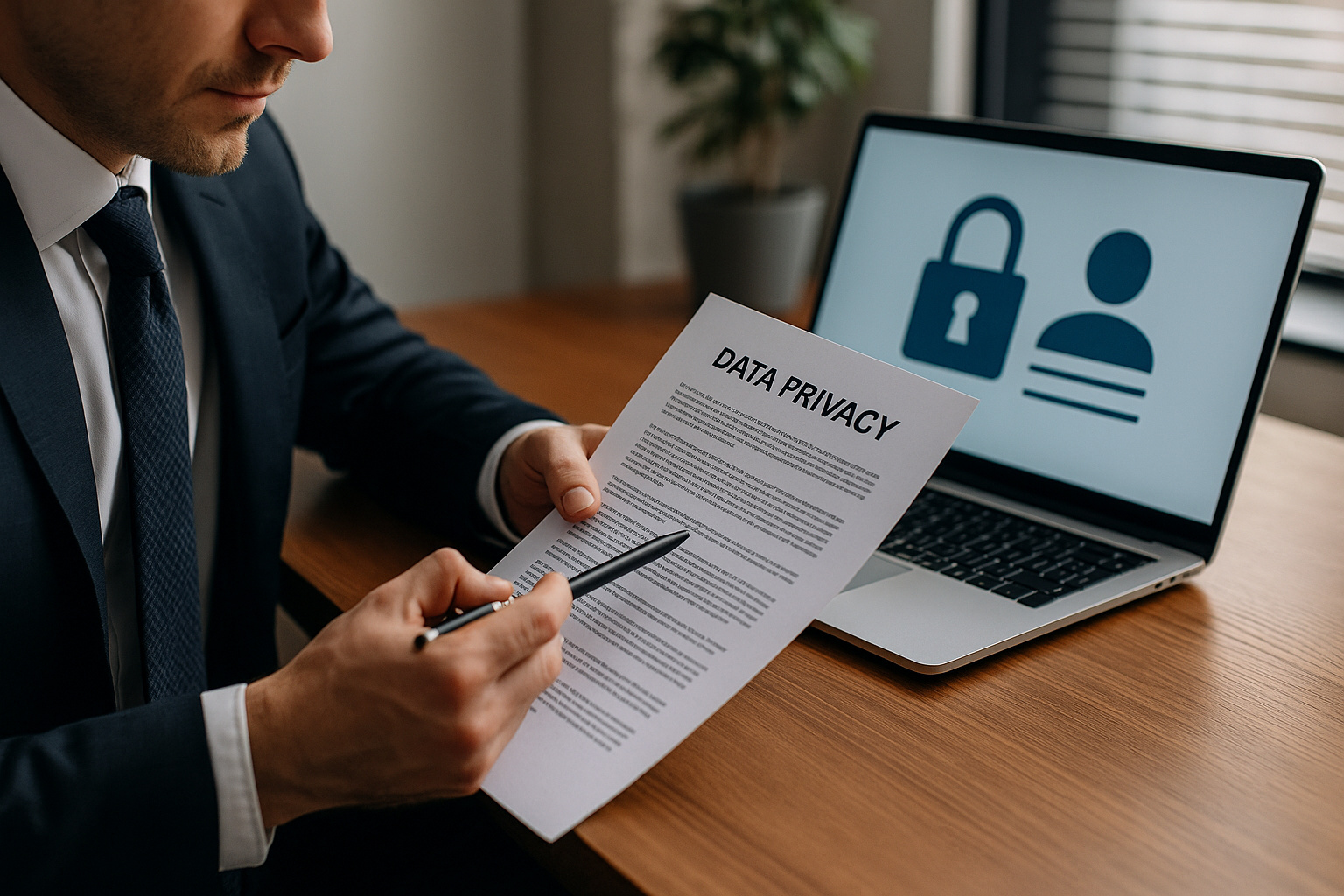 Homem analisando documento sobre privacidade de dados ao lado de notebook com símbolo de proteção digital.