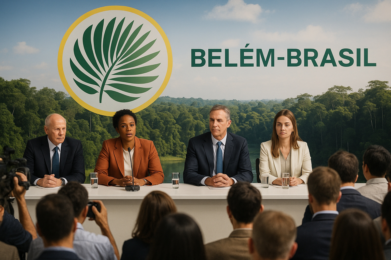 Painel de especialistas discutindo a COP 30 em Belém diante de uma paisagem amazônica, representando o debate público e a preparação do evento climático.
