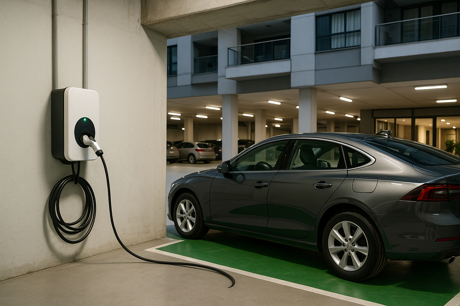 Carro elétrico carregando em vaga de condomínio com estação de recarga certificada instalada na parede.