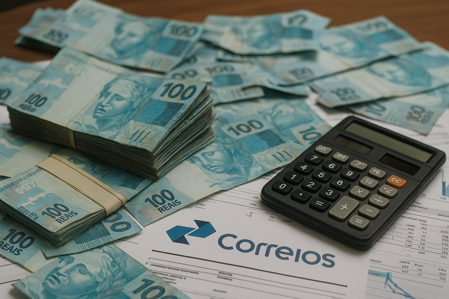Notas de 100 reais, planilhas financeiras e logotipo dos Correios simbolizando gastos públicos e crise financeira da estatal durante a COP30.