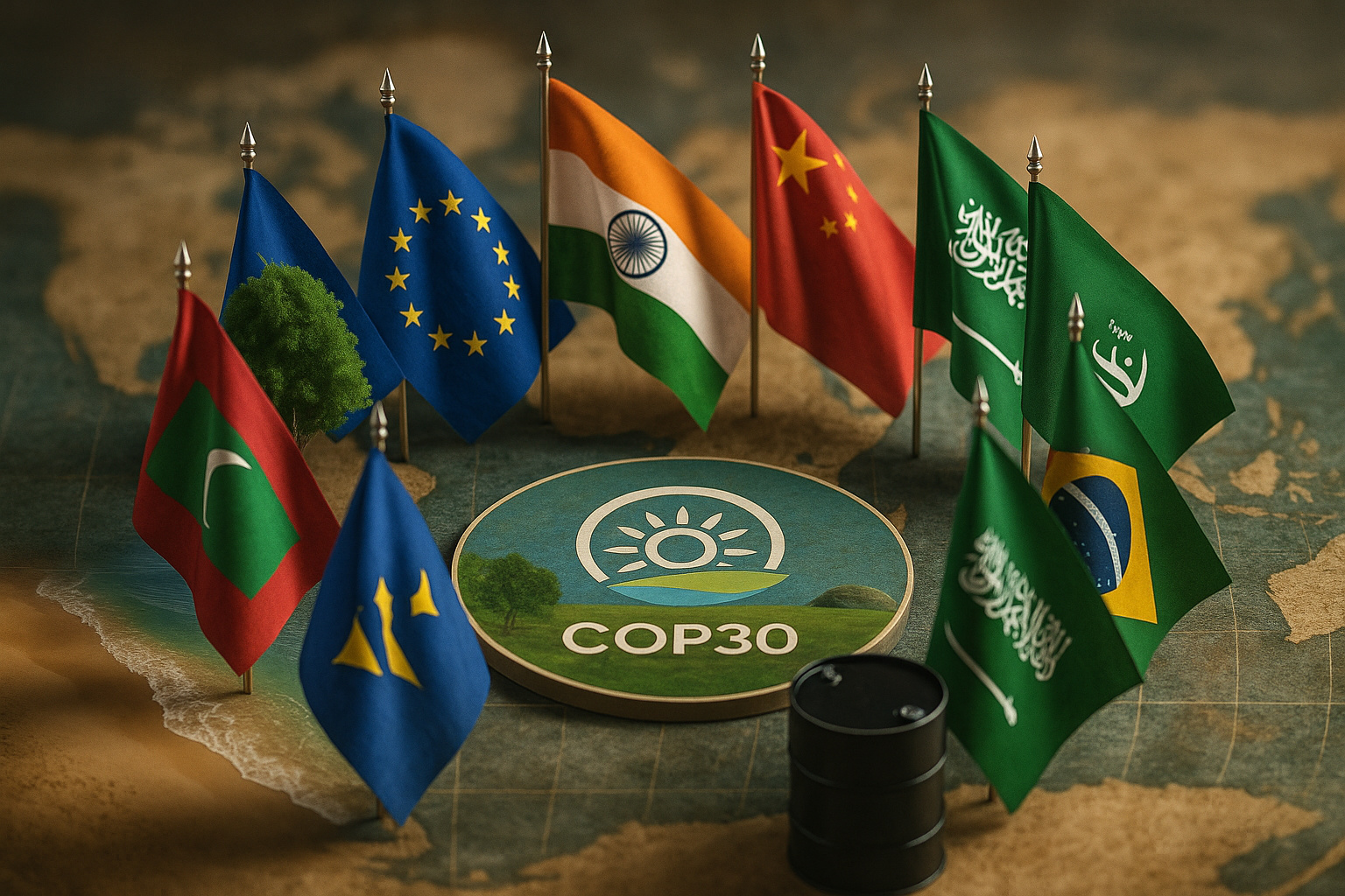 Bandeiras de países-ilha, nações ricas, emergentes e produtores de petróleo ao redor de símbolo da COP30 sobre mapa-múndi, com barril de petróleo representando países dependentes.