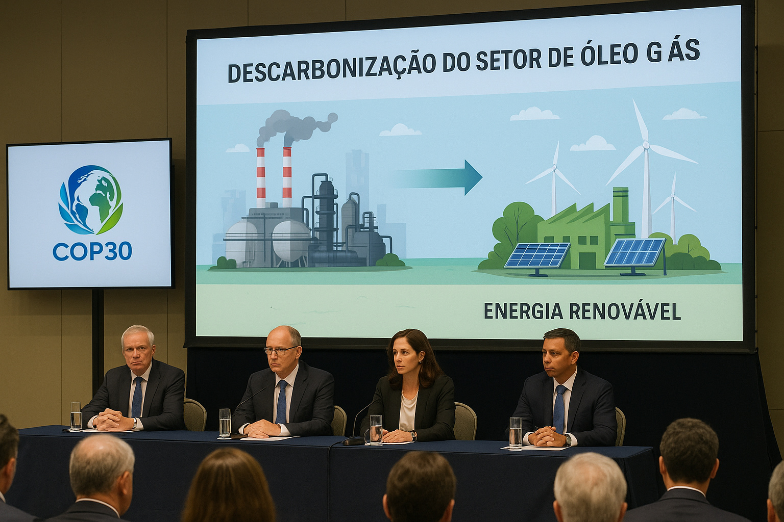 Painel da COP30 com representantes discutindo a descarbonização do setor de óleo e gás diante de um quadro ilustrativo com transição para energia renovável.