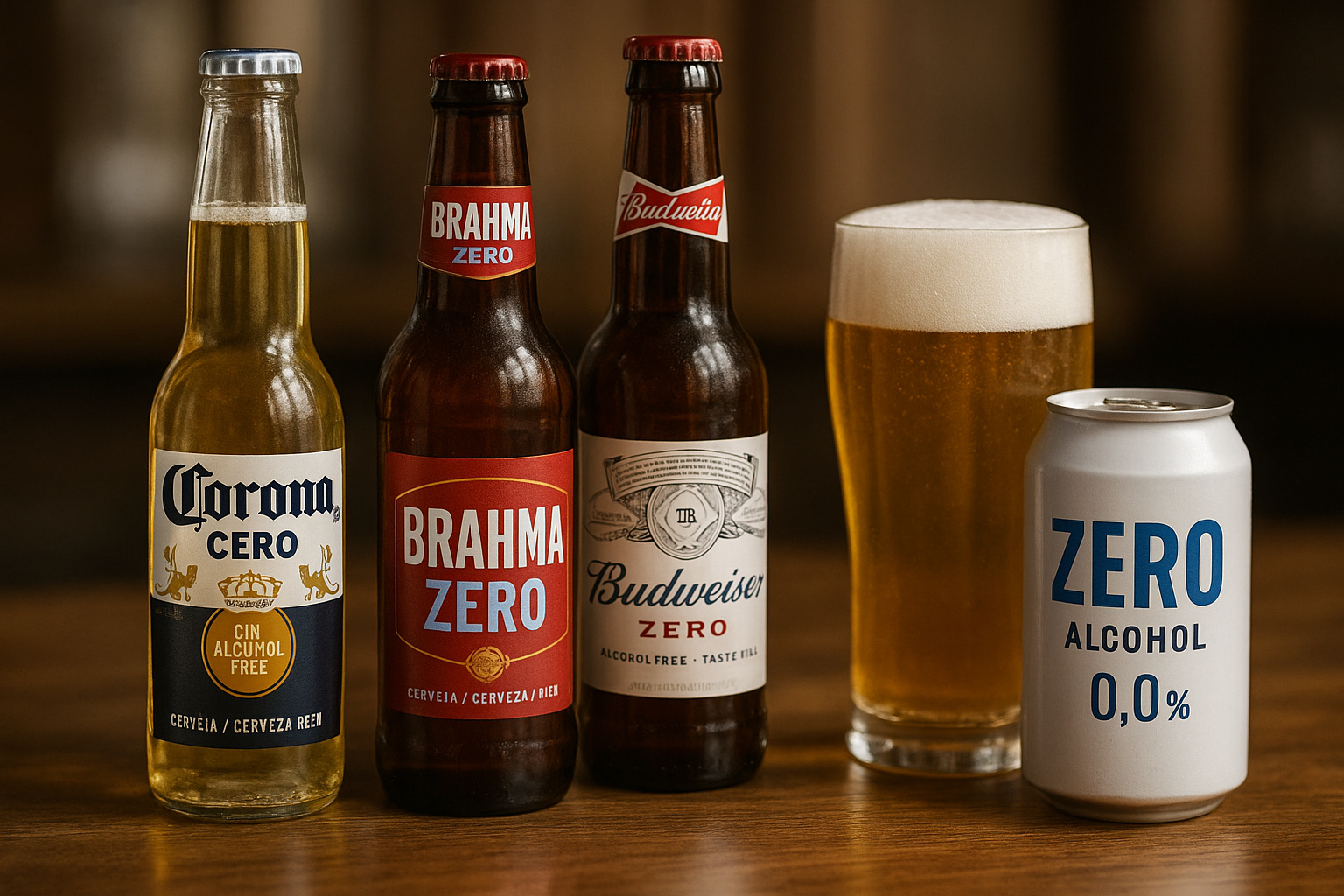 Cervejas sem álcool Corona Zero, Brahma Zero, Budweiser Zero e lata 0,0% alinhadas sobre a mesa, simbolizando o crescimento do consumo no Brasil.
